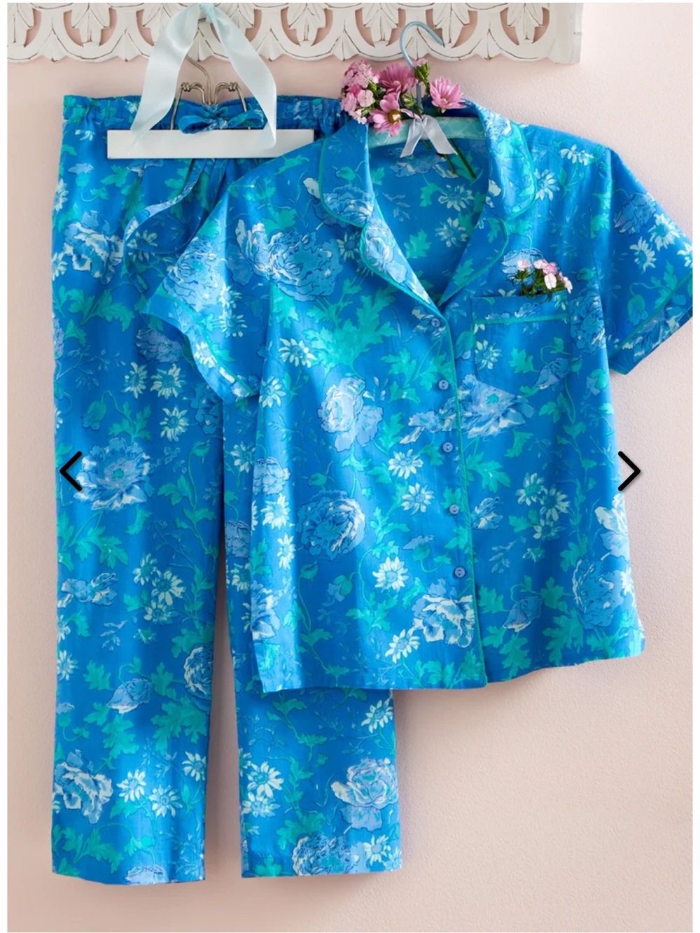 La Cera Blue Rose Short-Sleeve Pajama Set Sz M NWT Cottagecore Cotton PJs Lounge